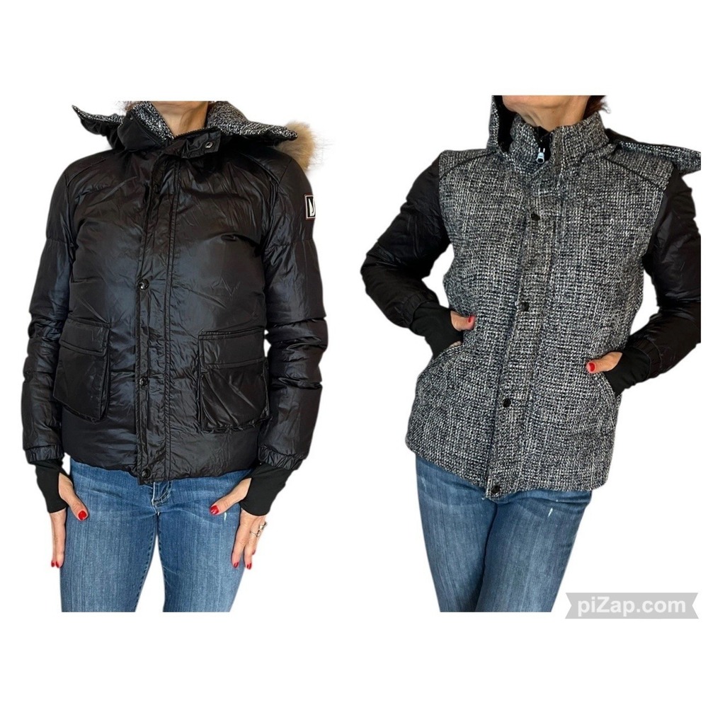 Manteau Jr Reversible Down Jacket Coat Black Tweed Hood Fur Trim Teen 20 Women S